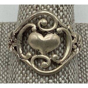 Vintage Sterling Silver Heart &amp; Floral Ring Size 9